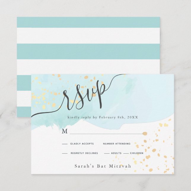 Blue Watercolor x Gold Splatters Bat Mitzvah RSVP  Card (Front/Back)