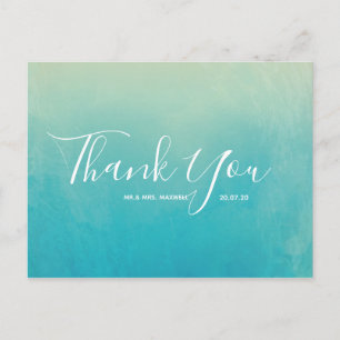 Blue Watercolour Beach Wedding Thank You Postcard