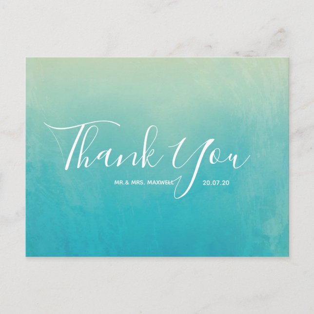 Blue Watercolour Beach Wedding Thank You Postcard (Front)