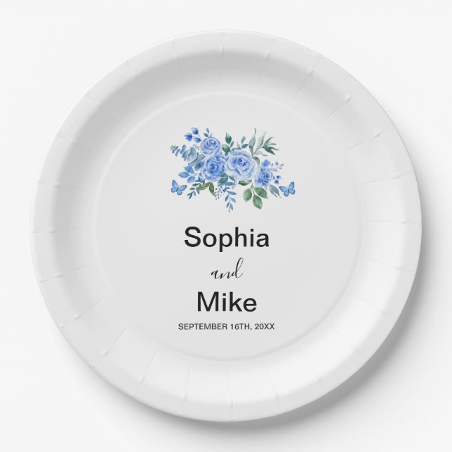 Blue Watercolour Floral and Butterflies Wedding Paper Plate (Front)
