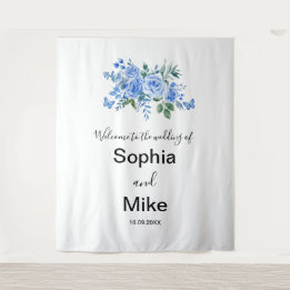 Blue Watercolour Floral and Butterflies Wedding Tapestry