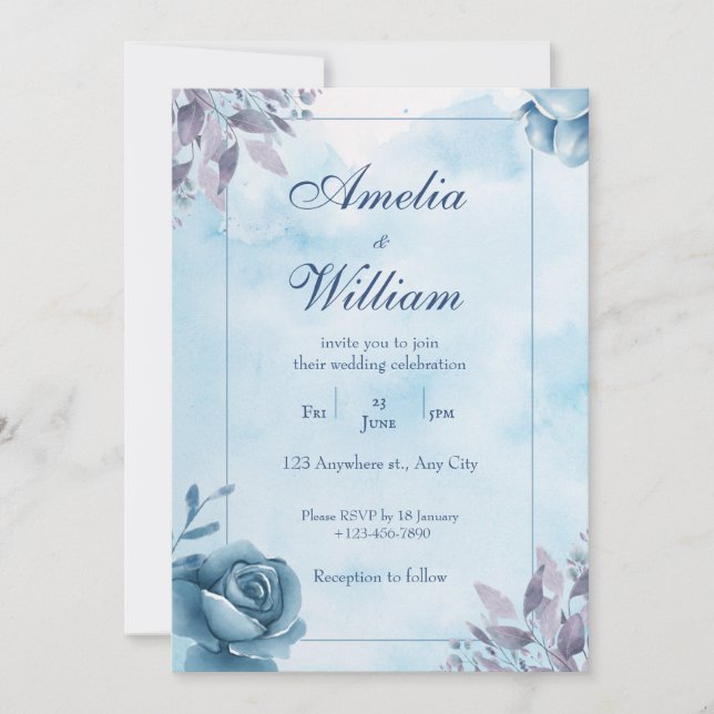 Blue Watercolour Floral Wedding Invitation (Front)