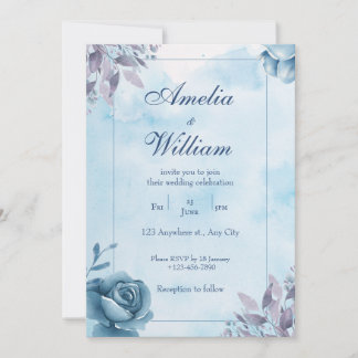 Blue Watercolour Floral Wedding Invitation