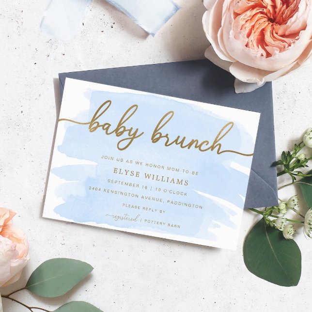 Blue Watercolour Gold Baby Brunch Invitation (Boy Baby Shower Invitation Blue Watercolour Gold. Baby Brunch Invitation)