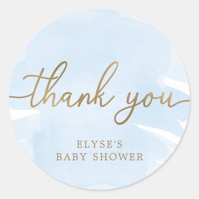 Blue Watercolour Gold Baby Shower Favour Sticker (Front)