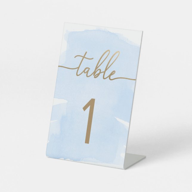 Blue Watercolour Gold Table Number Pedestal Sign (Front)