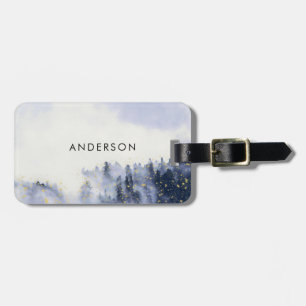 BLUE WATERCOLOUR LANDSCAPE TREE FOLIAGE MONOGRAM LUGGAGE TAG