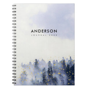 BLUE WATERCOLOUR LANDSCAPE TREE FOLIAGE MONOGRAM NOTEBOOK
