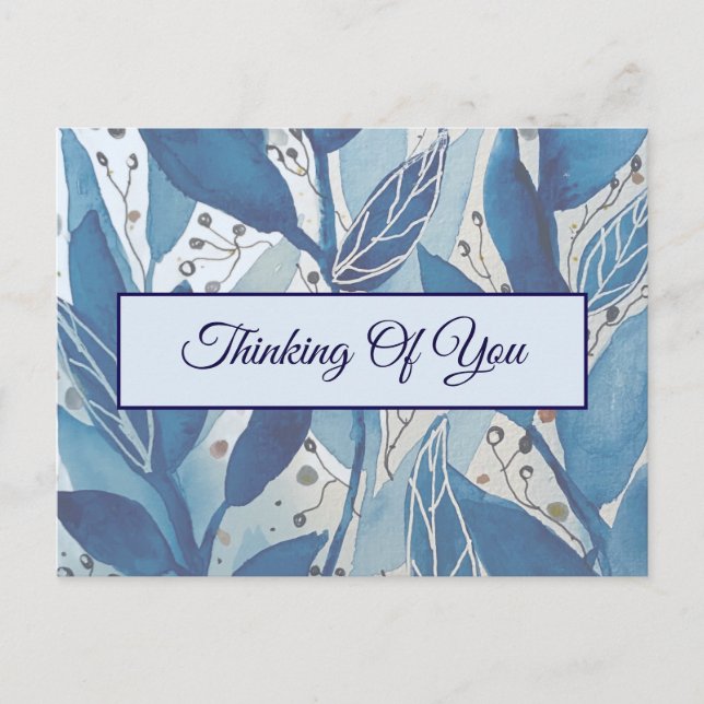 Blue Watercolour Leaf Thinking of You Postcard (Front)