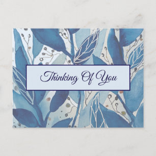 Blue Watercolour Leaf Thinking of You Postcard