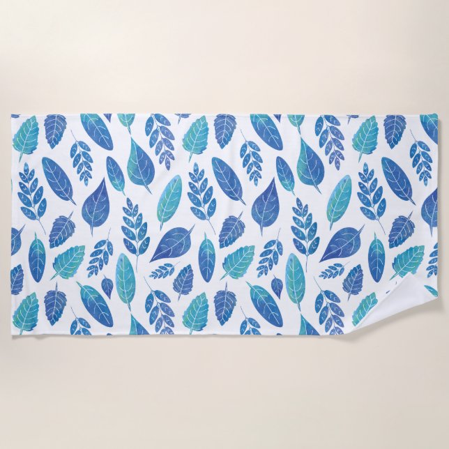 Blue Watercolour Leaves Pattern Beach Towel (Front)
