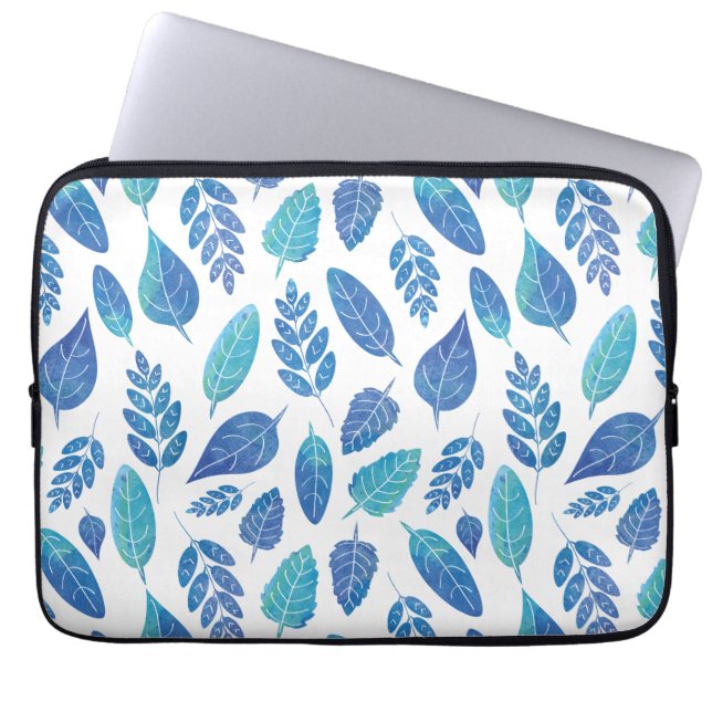 Blue Watercolour Leaves Pattern Laptop Sleeve (Front)