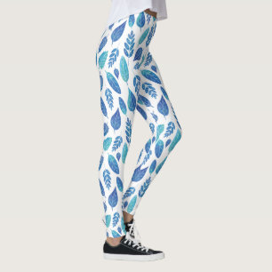 Blue Watercolour Leaves Pattern Leggings