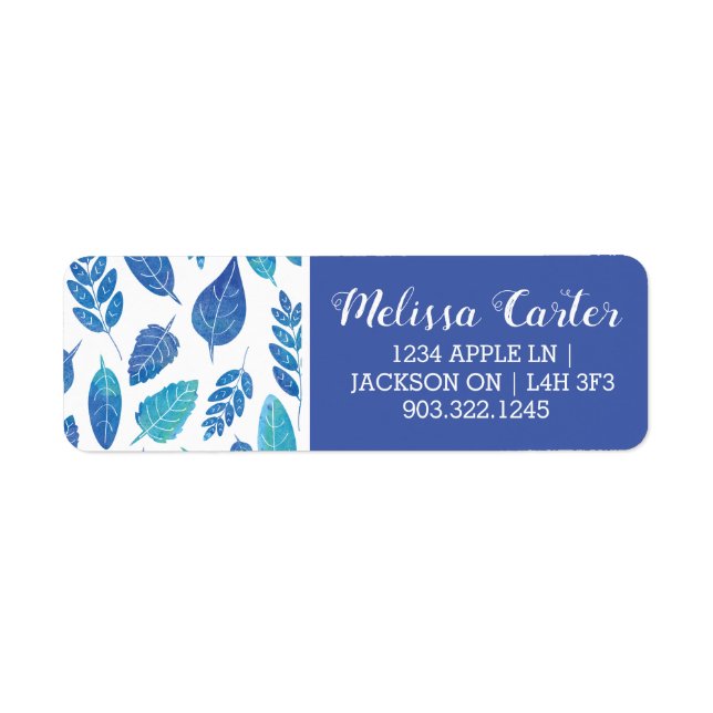 Blue Watercolour Leaves Pattern Return Address Label (Front)