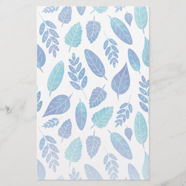 Blue Watercolour Leaves Pattern Stationery (Front)