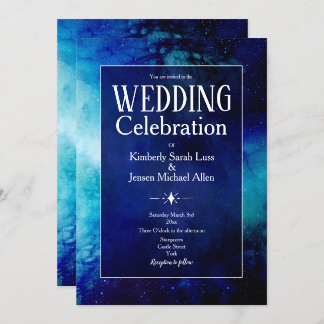 Blue Watercolour Nebula Wedding Invitation (Front/Back)