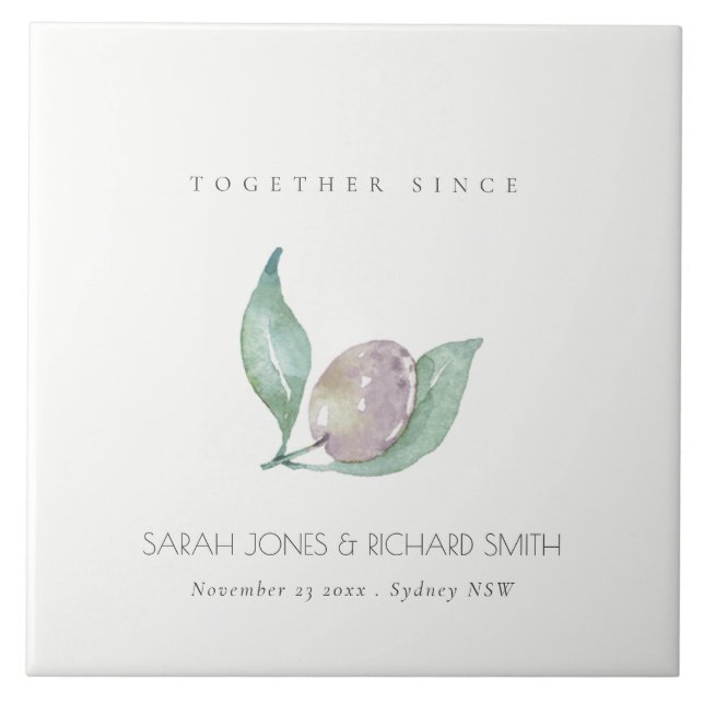 BLUE WATERCOLOUR OLIVE SAVE THE DATE WEDDING GIFT TILE (Front)