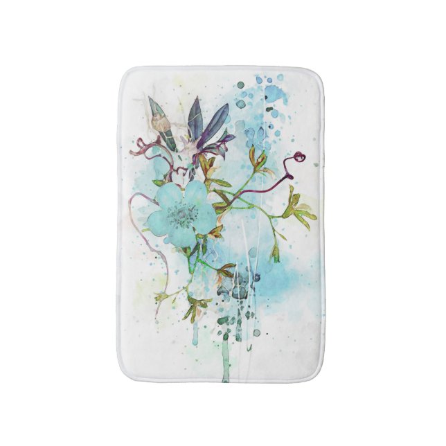 Blue Watercolour Pastel Floral Bath Mat (Front Vertical)