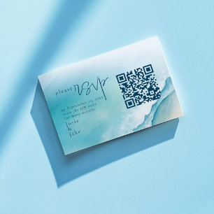 Blue watercolour Sea and Sand RSVP with QR Code Enclosure Card