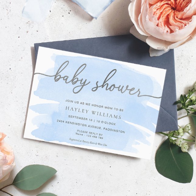 Blue Watercolour Silver Baby Shower Invitation (Creator Uploaded)