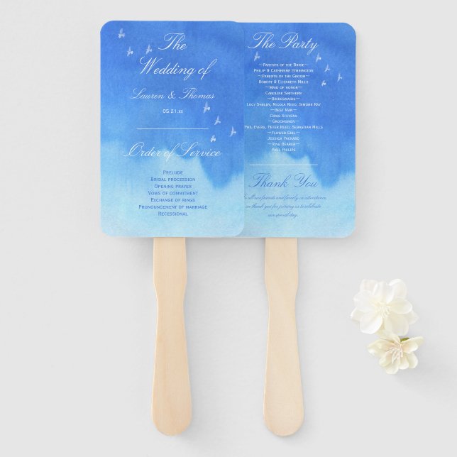 Blue Watercolour Sky & Doves Wedding Program Hand Fan (Front and Back)