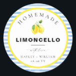 Blue Watercolour Stripe Limoncello Favour Classic Round Sticker<br><div class="desc">These favour stickers feature a watercolour stripe design and bight lemon detail. Personalise with your names and date, the script heading is not editable. These favour stickers can be used for weddings, bridal showers, baby showers, birthdays, or any other event. For more advanced customisation of this design, simply select the...</div>