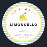 Blue Watercolour Stripe Limoncello Favour Classic Round Sticker<br><div class="desc">These favour stickers feature a watercolour stripe design and bight lemon detail. Personalise with your names and date, the script heading is not editable. These favour stickers can be used for weddings, bridal showers, baby showers, birthdays, or any other event. For more advanced customisation of this design, simply select the...</div>