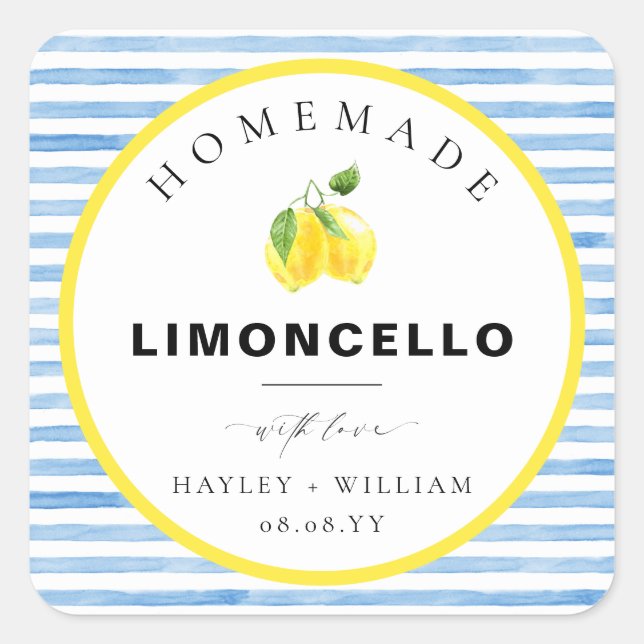 Blue Watercolour Stripe Limoncello Favour Square Sticker (Front)