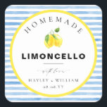 Blue Watercolour Stripe Limoncello Favour Square Sticker<br><div class="desc">These favour stickers feature a watercolour stripe design and bight lemon detail. Personalise with your names and date, the script heading is not editable. These favour stickers can be used for weddings, bridal showers, baby showers, birthdays, or any other event. For more advanced customisation of this design, simply select the...</div>