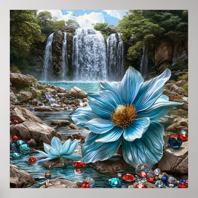 🌊 Blue Waterfall Blooming Flowers Nature Serenity Poster (Front)