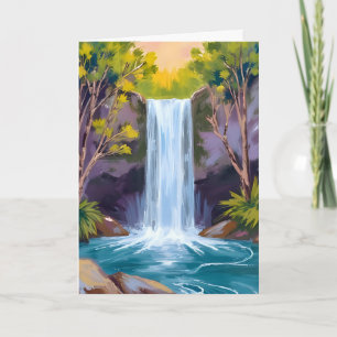 Blue Waterfall Forest Landscape Nature Painting Card