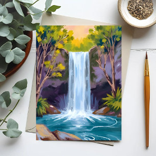 Blue Waterfall   Forest Landscape Nature Painting Postcard