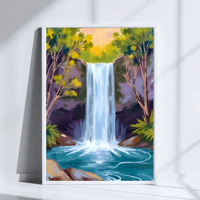 Blue Waterfall | Forest Landscape Nature Painting Poster (Creator Uploaded)