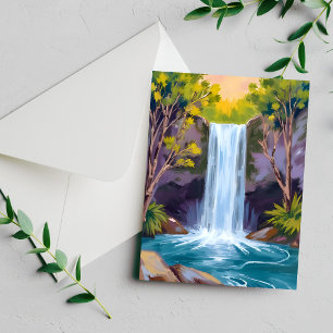 Blue Waterfall Forest Landscape Painting Card