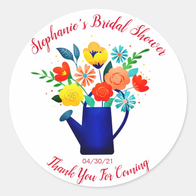 Blue Watering Pot Yellow Red Flower Bridal Shower Classic Round Sticker (Front)