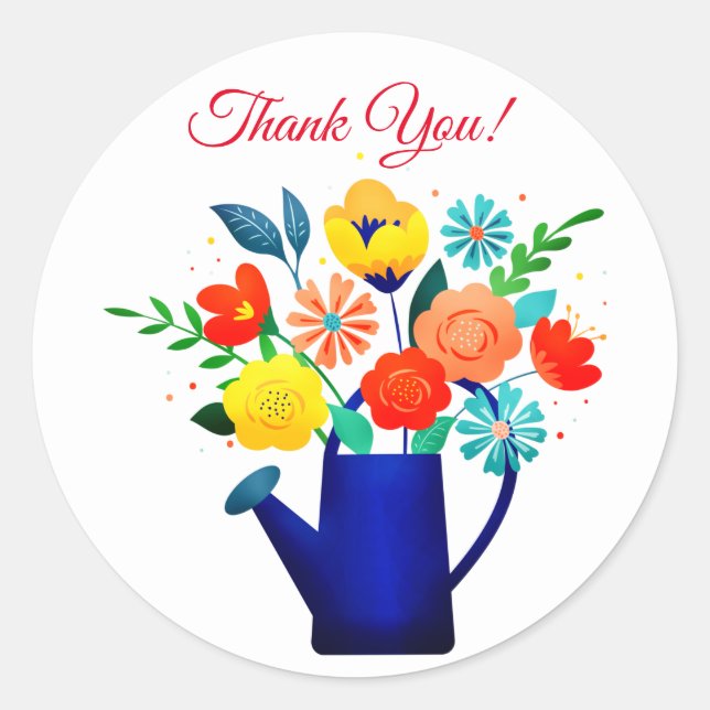 Blue Watering Pot & Yellow Red Flowers Classic Round Sticker (Front)
