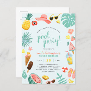 Blue   Watermelon Pineapple Tropical Pool Party Invitation Postcard
