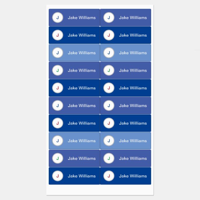 Blue  waterproof name labels with initial (Sheet)