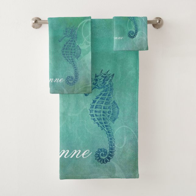Blue Waters, Seahorse and Flourish Bath Towel Set (Insitu)