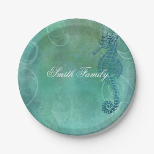Blue Waters, Seahorse and Flourish Paper Plate