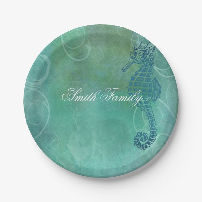 Blue Waters, Seahorse and Flourish Paper Plate (Front)