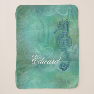 Blue Waters, Seahorse and Flourish Sherpa Blanket