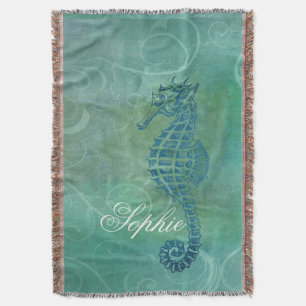 Blue Waters, Seahorse and Flourish Throw Blanket