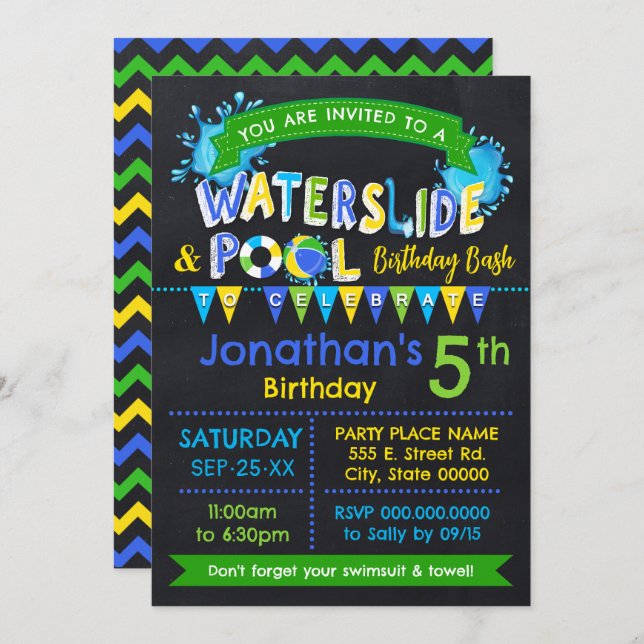 Blue Waterslide & Pool Birthday Children Party Invitation (Front/Back)