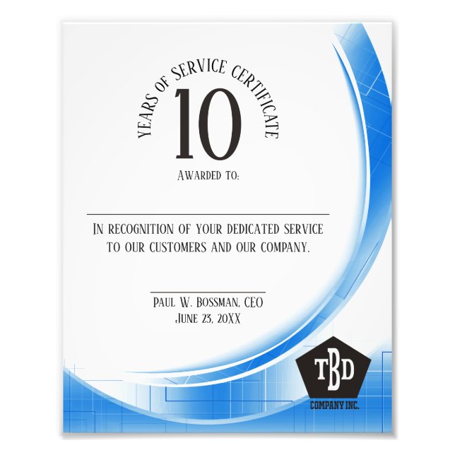 Blue wave 10 year employee anniversary award photo print (Front)