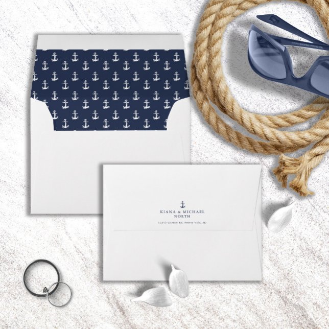 Blue Wave Anchor Pattern Wedding Wht/Navy ID836 Envelope (Interior/Back In Situ)