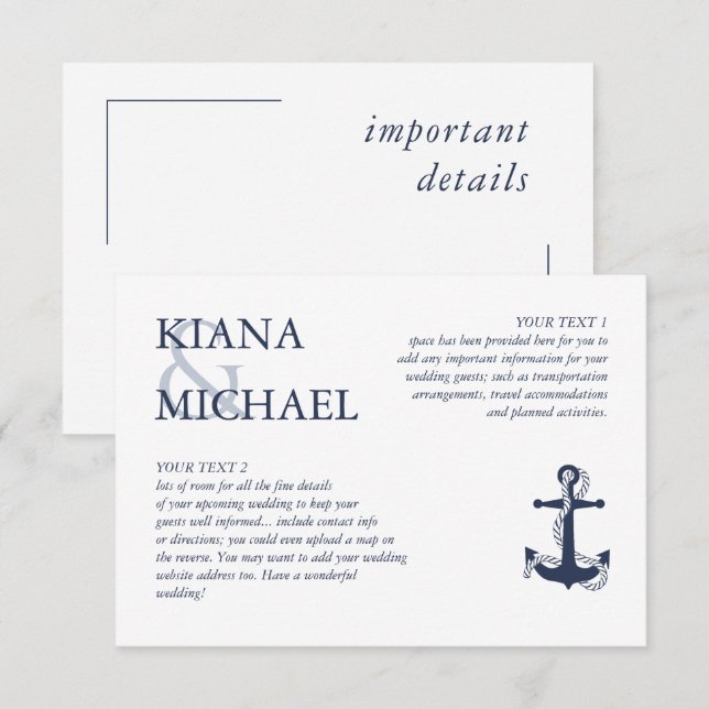 Blue Wave Anchor Wedding Details Navy/Wht ID836 Enclosure Card (Front/Back)