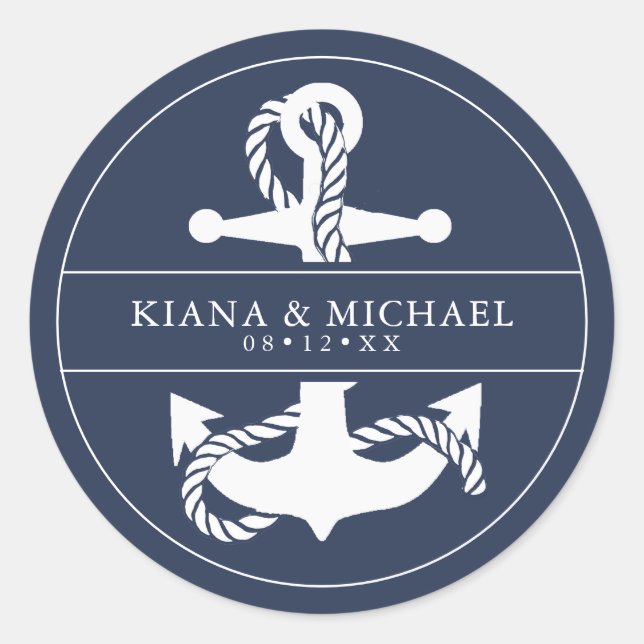 Blue Wave Anchor Wedding V2 Wht/Navy ID836 Classic Round Sticker (Front)