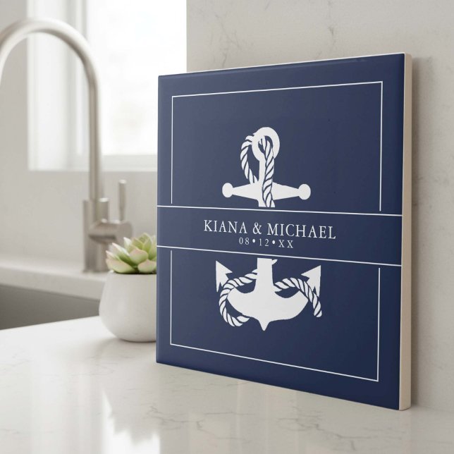 Blue Wave Anchor Wedding Wht/Navy ID836 Ceramic Tile (Creator Uploaded)