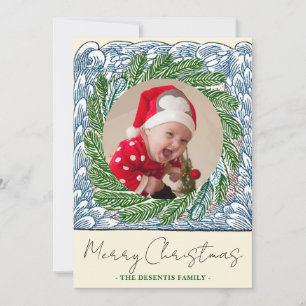Blue Wave Evergreen Frame One Photo Christmas Holiday Card